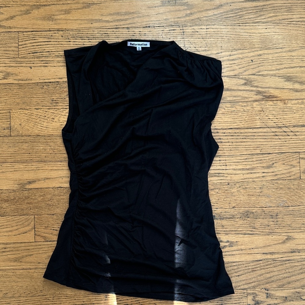 Reformation Black Ruched Sleeveless Asymmetrical Top